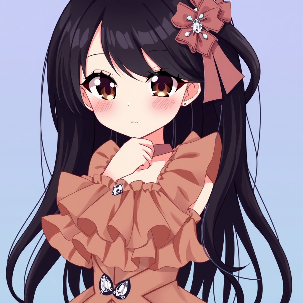 یک دختر زیبا با لباس مجلسی چین چین قهوهای و کفشهای مشکی با نگین سفید و موهای بسیار بلندمشکی و لبای بسیار زیبا و چشمان رویایی 9