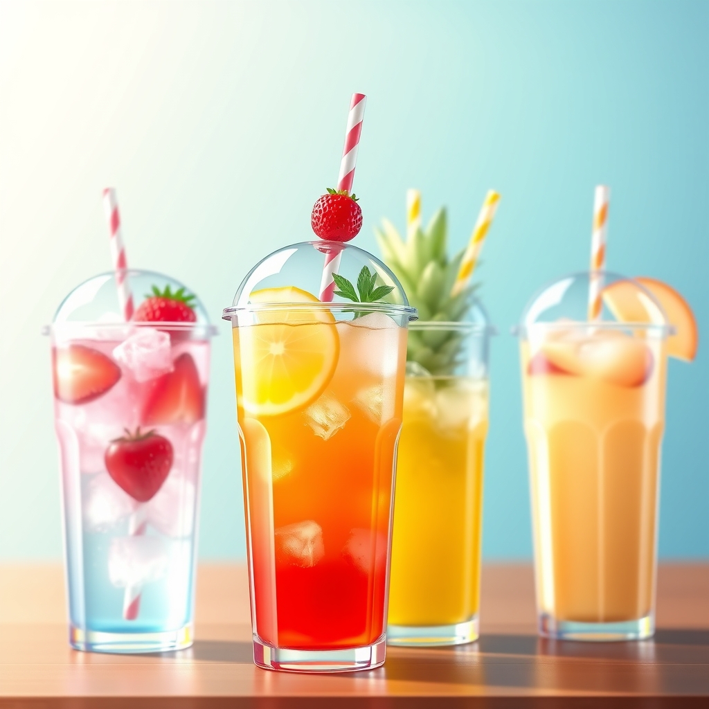چهار نوشیدنی با طعم های توت فرنگی لیموناد آناناس و هلو که داخل لیوان دردار که دخلش نی داره فانتزی فوق کیوت هستن و داخل نوشیدنی ها یخ هست8