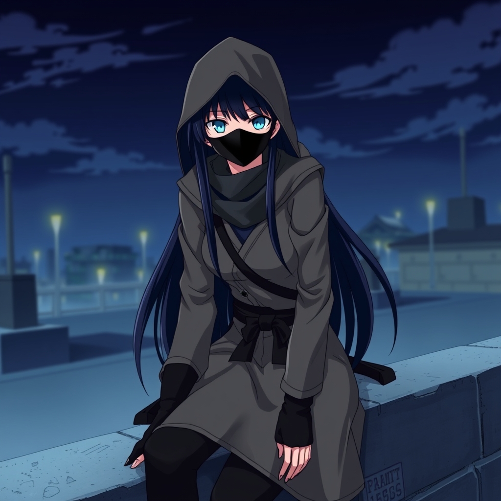 یک دختر جاسوس با لباس های نینجای دخترانی و موهای سیاه بلند و چشمانی آبی و ماسک سیاه زده
شب است و دختر بالای دیوار نشسته است 12