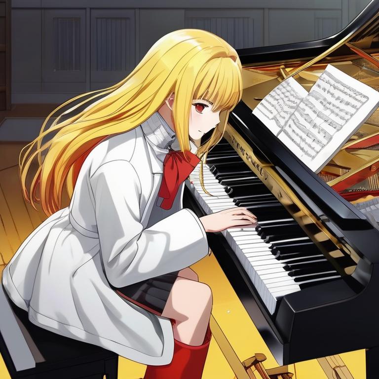 دختر ۱۶ساله باموهای زردباچشم طوسی کت و دامنی سفید چکمه ی قرمز موهای زرد وبلند درحال پیانوزدن

18