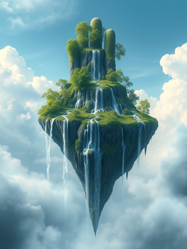 یک جزیره شناور سورئال به شکل دست، با آبشارهایی که از انگشتان جاری میشوند.11