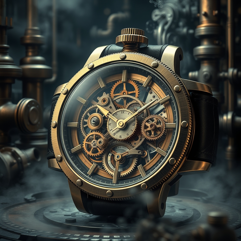 یک ساعت استیم‌پانک با چرخ‌دنده‌های نمایان، در پس‌زمینه‌ای مکانیکی و دودی.3