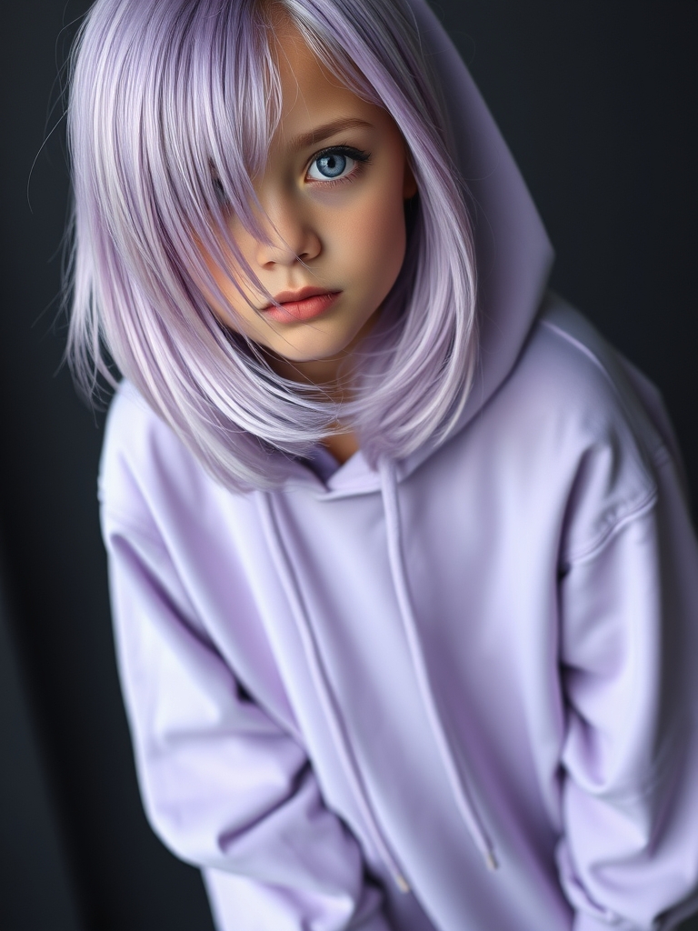   دختری با موهای سوسنی و چشمهایش را موهایش پوشانده و رنگ چشمهایش بنفش است و هودی سوسنی به تن دارد و کفش آل استار  دارد 8