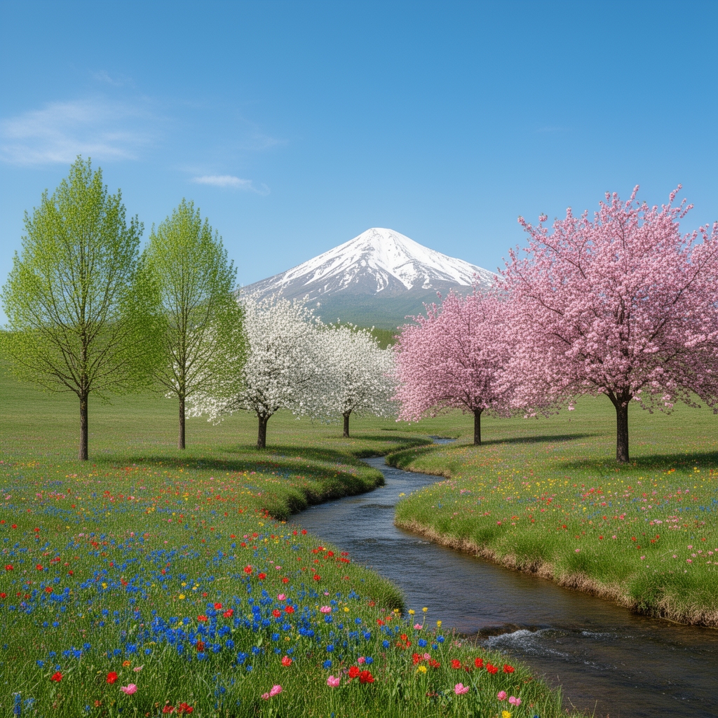 تصویری طبیعی از قلهای کوچک و برفی در دوردست، آسمانی آبی و صاف با ابرهای اندک پراکنده، پنج درخت دوردست با برگهای سبز تازه، سه درخت دوردست با شکوفههای سفید بهاری، سه درخت دوردست با شکوفههای صورتی، انواعی از گلهای آبی، قرمز، صورتی و زرد در کنار رودخانهای کوچک و روان.0