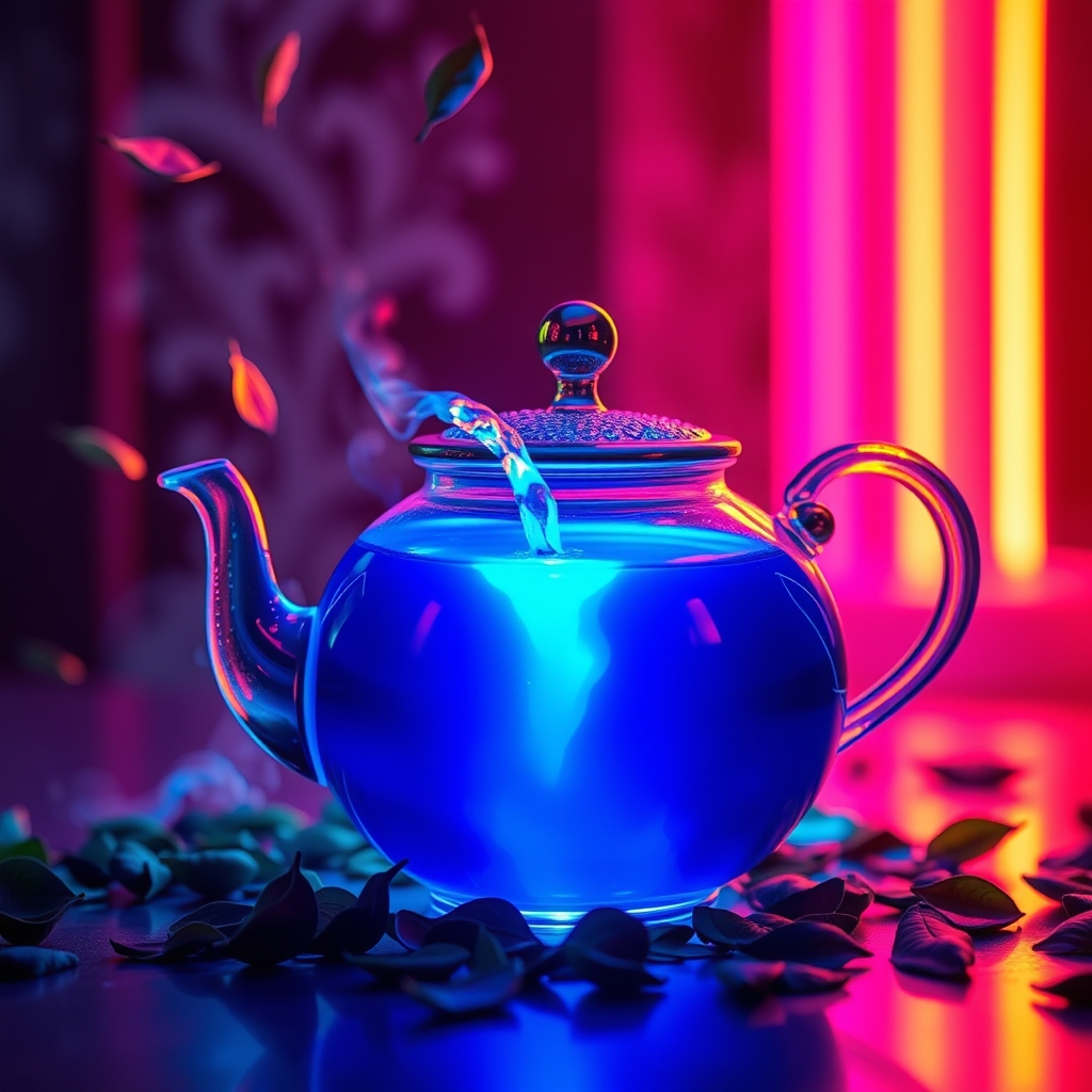 یک قوری جادویی که مایع آبی درخشان می‌ریزد، احاطه شده توسط برگ‌های شناور چای.22