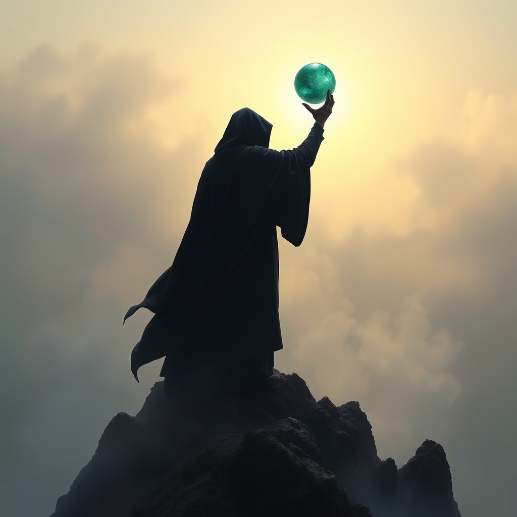 یک شبح مرموز از فردی که یک کره درخشان در دست دارد، ایستاده روی تپهای مهآلود.11