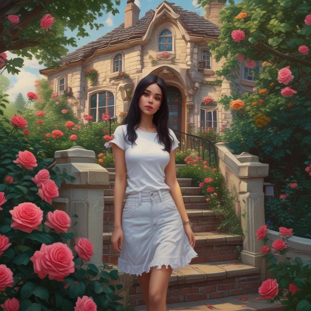 دختری با تیشرت سفید با عکس دو دختر که با هم دوست هستند ، دختر موهای بلند ، صاف و مشکی دارد ، چشم های مشکی دارد ، سفید پوست است ، و بر روی پله ی خانه ی حیاط دار نشته است ، بوته ی رز دور میله پله های خانه پیچیده است ،دختر به بوته ی رز و درختان خانه ی حیاط دار می نگرد.17