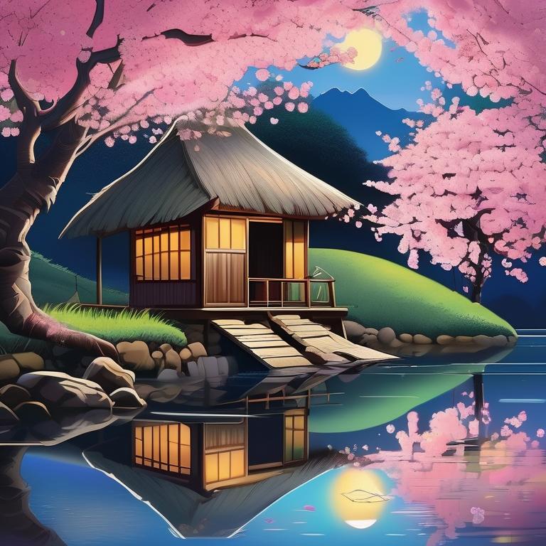 کلبه ای که کنار یک رود است و ماه کامل با زیبایی وصف ناپذیر میتابد درخت شکوفه های گیلاس در کنار کلبه است و دور کلبه پر از گل است 21