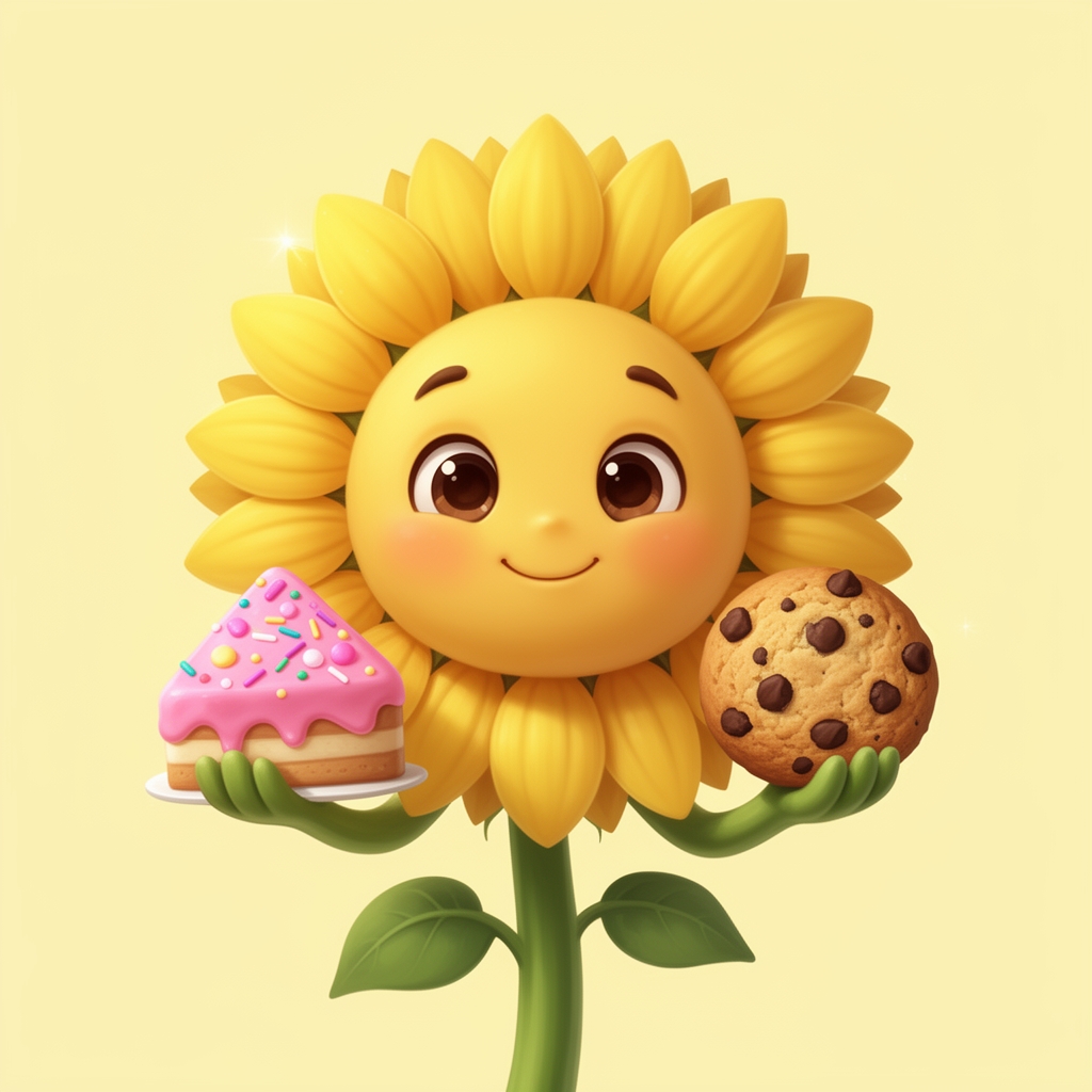 گل آفتابگردان مهربان و تپلی و دوست داشتنی و با خنده ای ملیح که کیک مثلثی و کوکی تو دستاشه با بک گراند ساده ی تک رنگِ روشن3