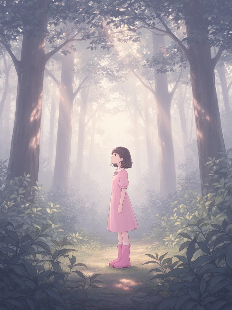 دختری تنها با لباس و چکمه صورتی در جنگل 4