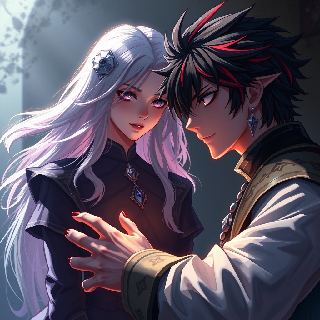 شیطانی مرد با موهایی مشکی و قرمز با چشمانی سفید که در حال فداکردن جانش جلوی چشمان نامزدش است که موهایی بلند و نقره ای دارد با چشمانی بنفش با لباس هایی اشرافی همراه با زیورالات12