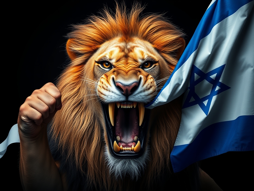 یک شیر خیلی وحشی که پرچم اسرائیل را با دندان هایش پاره کرده10