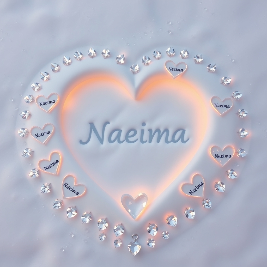 قلبی روی برف که روش نوشته به فارسی نعیماو دورش قلب های دیگری دارد که تو انها هم نوشته به انگلیسی نعیما و دور قلب هم مروارید و الماس شیشه ای با فاصله ی منظم چیده شده باشه
2