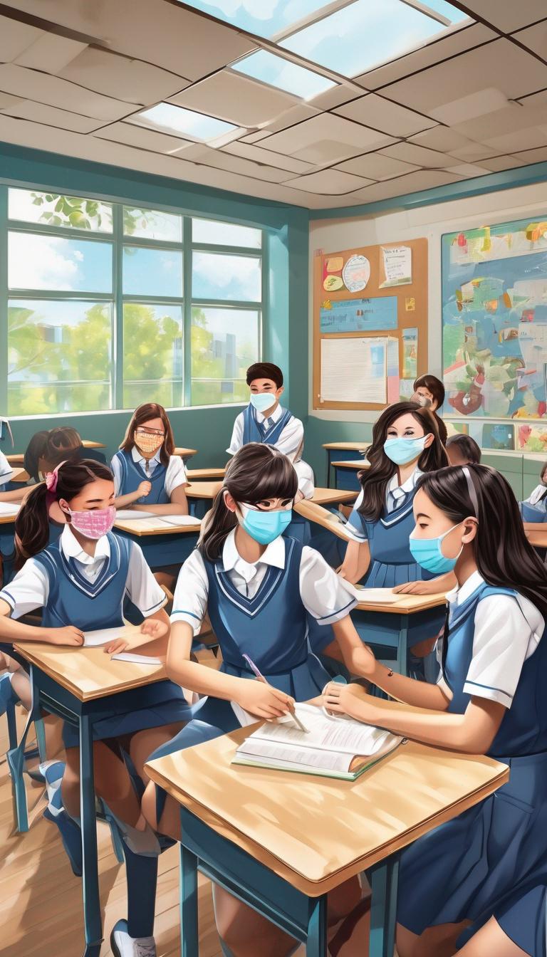 عکس کلاس دبیرستانی با دانش آموزان در زنگ تفریح در حال شادی با لباس فرم و مقنعه و کلاسی که پنجره دارد0