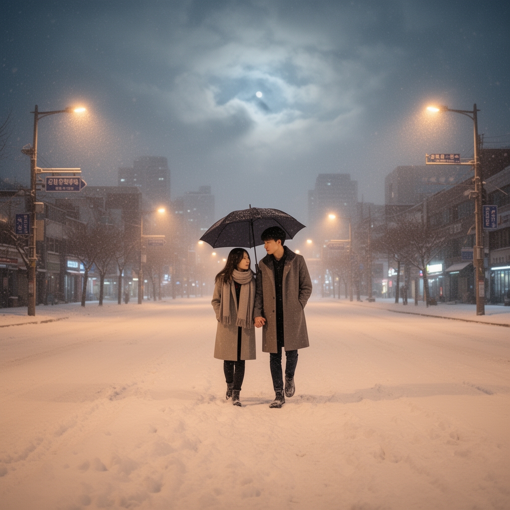 یک شب برفی در سئول دو تا عاشق زیر یک چتر با هم راه میروند خیابان خلوت است و زمین سفید آسمان را ابر پوشانده و چراغ های در خیابان روشن است
0