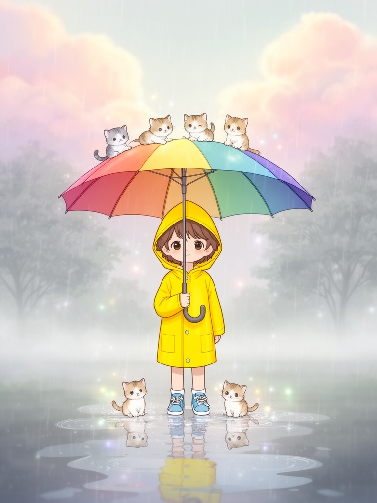 تصویری در سبک کارتونی شاعرانه با رنگهای لطیف و فضای بارانی؛ شخصیت کودکانهای با لباس بارانی در حال تعامل با چند گربهی کوچک، در محیطی آرام و خیالانگیز. گربهها روی چتر و کنار پای کودک نشستهاند، با انعکاسهایی در آب و حس بازیگوشی و همدلی. ترکیب عناصر طبیعت، باران، و حیوانات خانگی با تأکید بر آرامش، تنهایی دلنشین، و ارتباط عاطفی با محیط. فضای کلی باید حس لطافت، امنیت، و خیالپردازی کودکانه رو منتقل کنه.2
