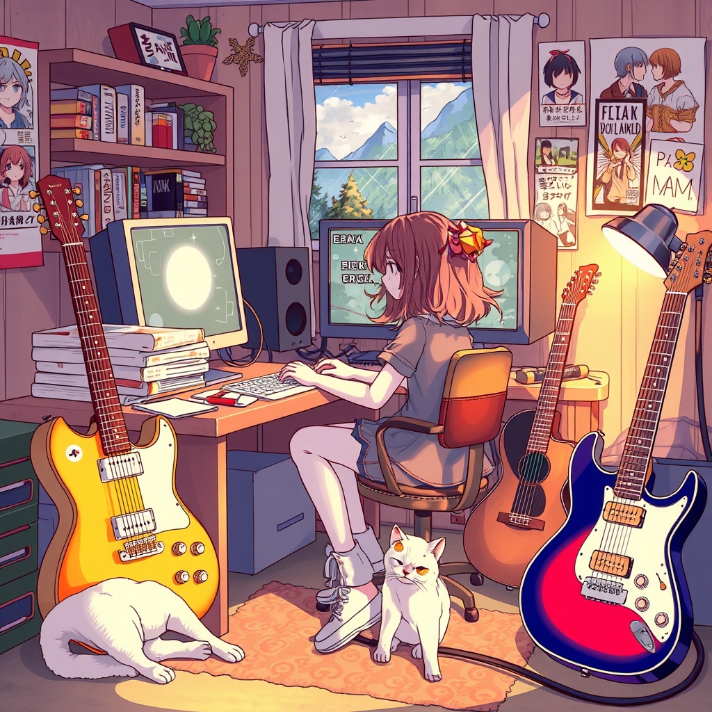 یک دختر که در اتاقی است و در میزی نشسته است و دارد فری فایر بازی می‌کند و کنارش مانگا زیاد است و دو تا گیتار الکترونیکی هم کنارش است و یک گربه هم دارد1