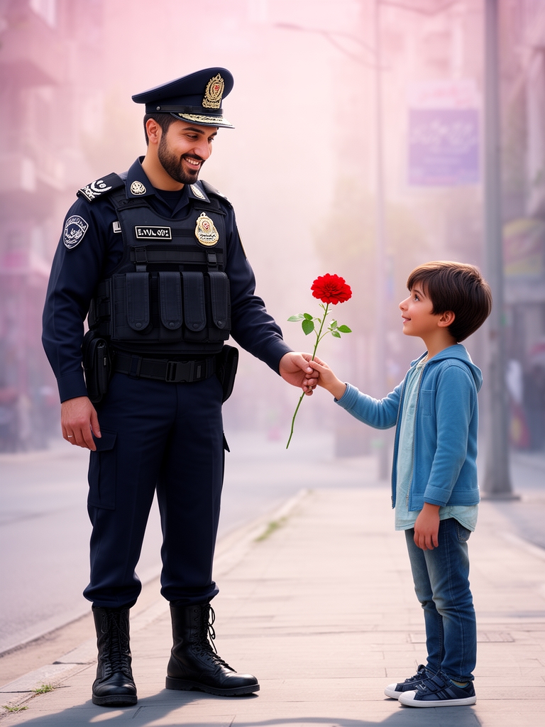 پلیس باشه با لباس پلیس ایرانی کلاه پلیسی لباس حفاظت پلیسی و یه پسر بچه در مقابلش گل به پلیس هدیه میده 4