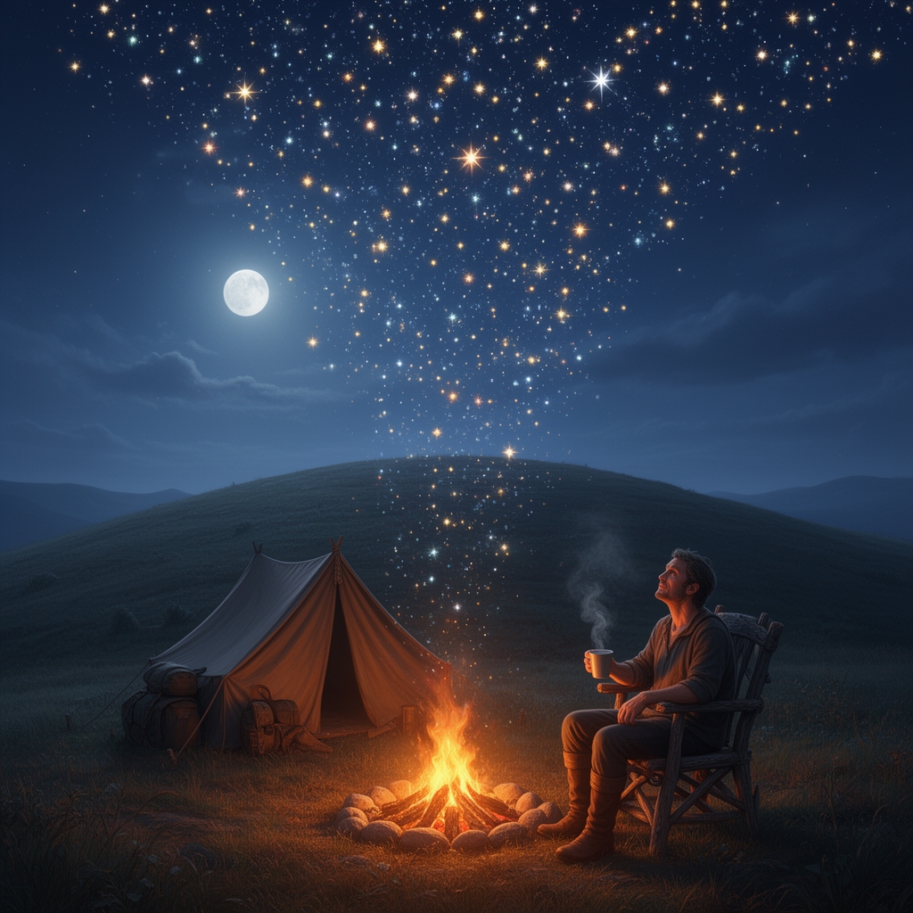 تصویری دقیق از آسمانی شبی که  نمایش بارش  بارش ستاره باران را به نمایش  گذاشته و در زیر آسمان تپه ای پهن وجود دارد  که روی آن یک چادر مسافرتی نصب شده که در کنار آن چادر مسافرتی مردی در کنار آتش  که ساخته  است روی صندلی چوبی نشسته است و درحال خوردن قهوه و تماشا کردن آسمان  است 0