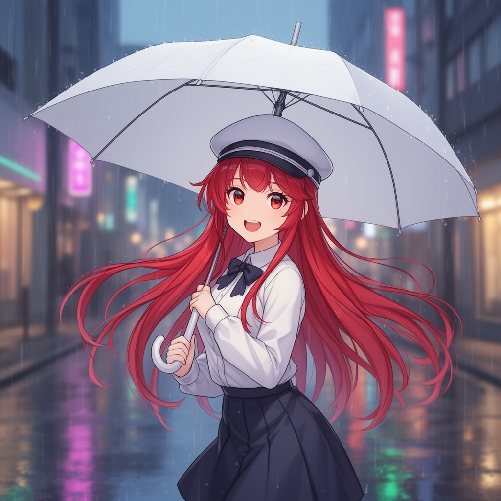دختر انیمه با مو قرمز بلند و لباس کلاه و چتر سفید
3
