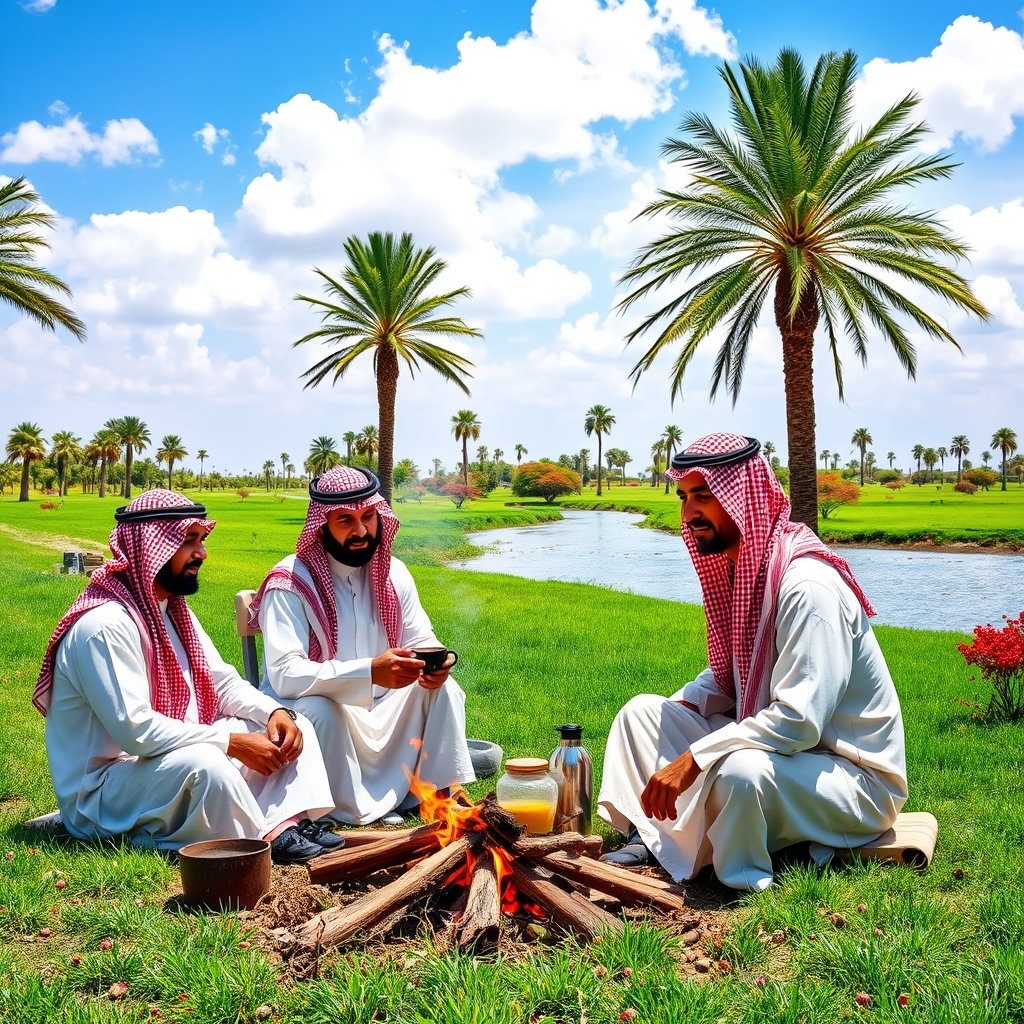 دو نفر عربستانی با دشداشه عربی و چفیه قرمز نشستن و اتش جلوشون روشن و درحال درست کردن قهوه  ویکی درحال چای خوردن در چمن زار سرسبز ک درختان نخل و درختان خرمای قرمز گرفتن کنار درختان رودخانه بزرگ پراز اب صاف  و اسمون ابی روشن صاف پراز ابرهای سفید9