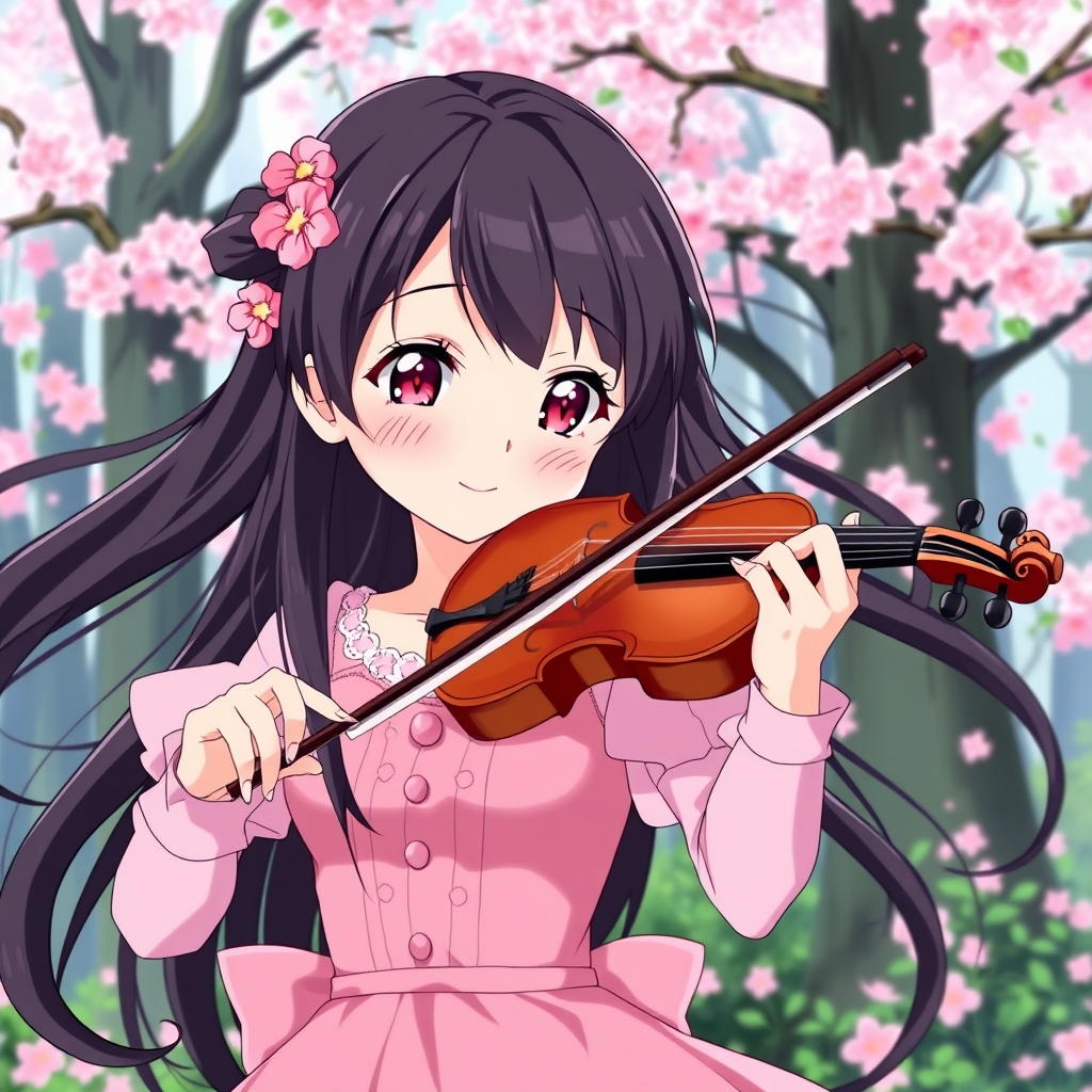 عکس یه دختر که درحال نواختن ویولن است و مو های مشکی و بلند دارد و مو های او باز است و چشم های صورتی دارد و لب های سرخ و لبخندی ملایم دارد و لباس او صورتی و دامن دار مانند پرنسس ها است و روی مو های او گلسری به شکل گل صورتی است و پشت سر او جنگلی زیبا پر از شکوفه های صورتی است و ویولن او قهوه ای است 10