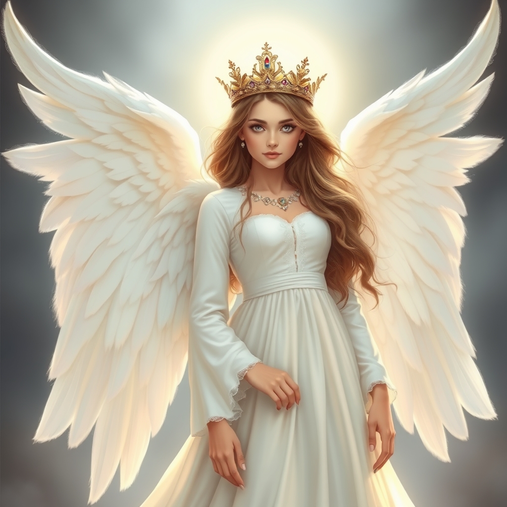 یک فرشته زیبا با بال‌های سفید و لباس سفید با یک تاج زیبا  وبا لباسی بلند و چشم بنفش و موهای بلند 17