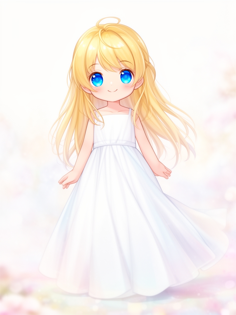 دختری کوچک با چشم های آبی و مو های زرد با لباسی بلند سفید خوش حال است و چهره معصومی دارد 0