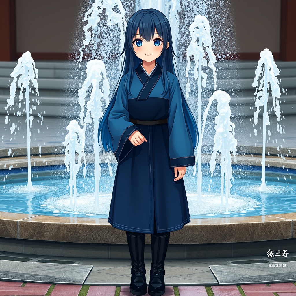 یه دختر با موهای آبی و سیاه با چشمهای آبی پوست سفید لباس کره ای آبی و مشکی گربه ای 
در حال لبخند زدن پشتش یه فواره آب باشه و عکس واقعی باشه وعکس از سر تا پاها باشه چکمه هایی که تا روی زانو باشه چکمه هاش مشکی باشه0