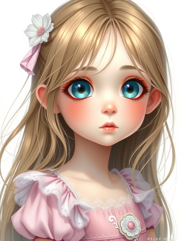 دختر خوشگل خجالتی خواستنی با چشمایی درشت  به رنگ آبی رنگ دریایی  موهایی بلند به رنگ قهوه روشن و ساف و لخت  لبانی گوشتی به رنگ قرمز  گونه های به رنگ هلویی  لباسی پرنسس به رنگ یاسی و صورتی دورنگ 6