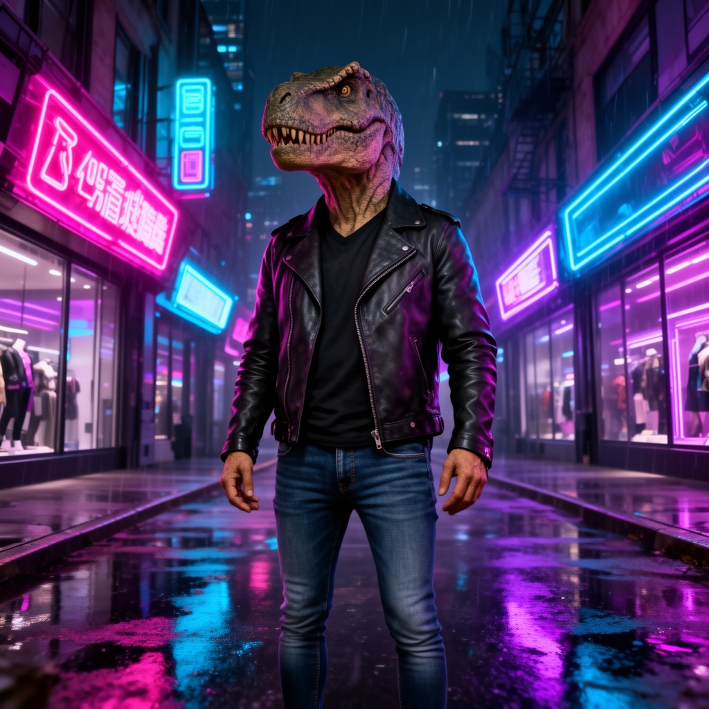 یک تصویر واقع گرایانه از یک انسان با کله دایناسور با کاپشن و شلوار جین لش با نور پردازی مغازه های چراقونی5