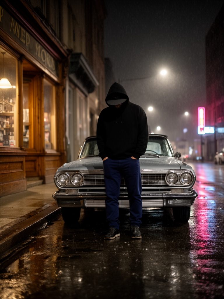 A man in a black hoodie and navy jeans standing in front of a classic car. The man's face is not visible and his hat covers his face. It is rainy and nighttime. The car is parked on a deserted street with a sidewalk. There is an antique shop next to the car. The car is parked parallel to the street and sidewalk.3