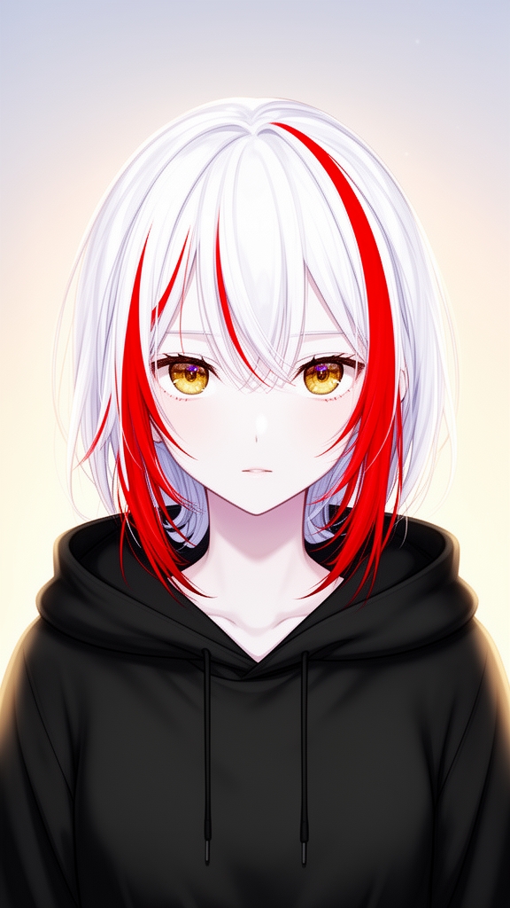 یه دختر با موهای سفید که رگه های قرمز داره با چشم های عسلی و با هودی مشکی و صورتی سفید و کمی کشیده1