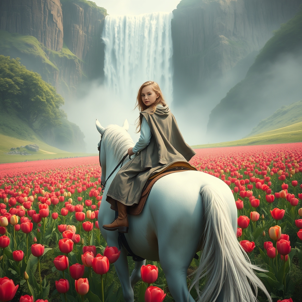 دختری ۱۸ ساله که سوار بر اسب سفید می‌تازند در دشتی پر از گلهای لاله آبشاری خروشان2