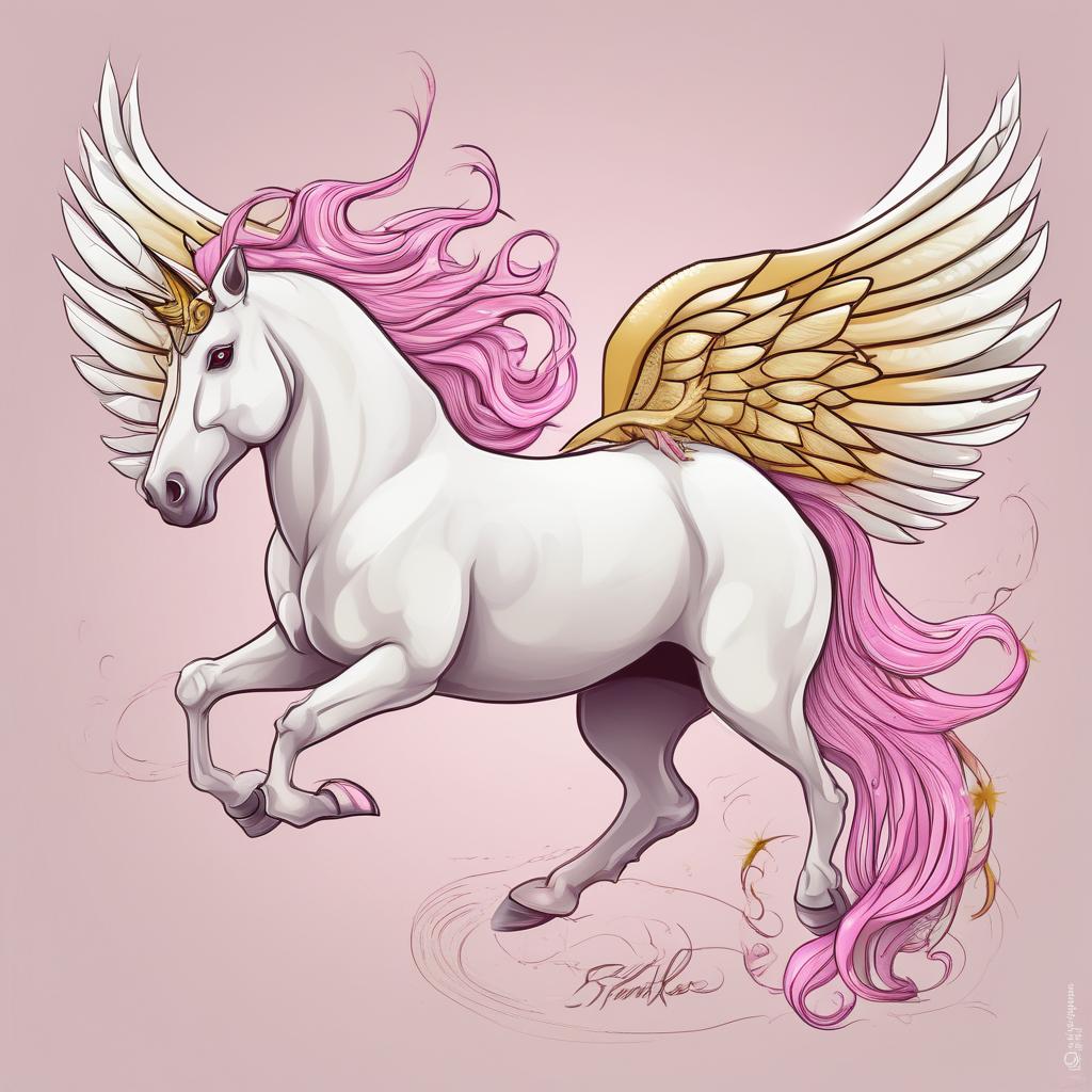 اسب تک شاخ وبال دار زیبا سفید وطلایی و صورتی جذاب15