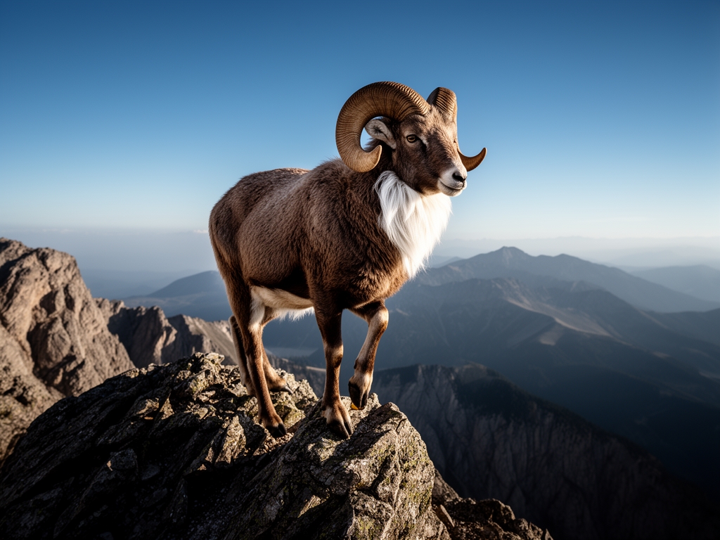 یک قوچ بر بالای یک کوه که به پایین نگاه میکند و یک دست خود را بالا نگه داشته و زیر گردنش ریش های سفید دارد1
