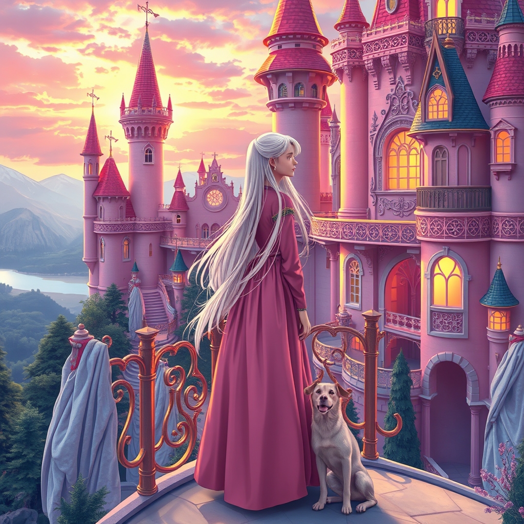 یک قلعه صورتی که یک دختر با موهای سفید صورتی و لباس صورتی پررنگ ر بالکن ایستاده است و دارد منظره زیبا را تماشا می‌کند و یک سگ هم داشته باشد سگ او هم به رنگ یاسی باشد 21