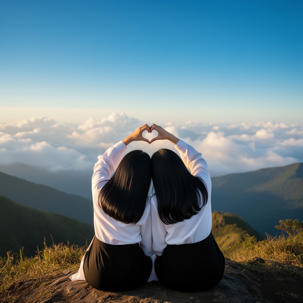 عکس دوتا دختر با موهای مشکی از پشت سر که سرشان را روی شانه ی هم گذاشتند و لباس هر دویشان سفید و مشکی مثل هم است که روی یک کوه بسیار زیبا نشسته اند و با هم تصویر 🫶🏻را به روی اسمان ابی نشان داده اند 16