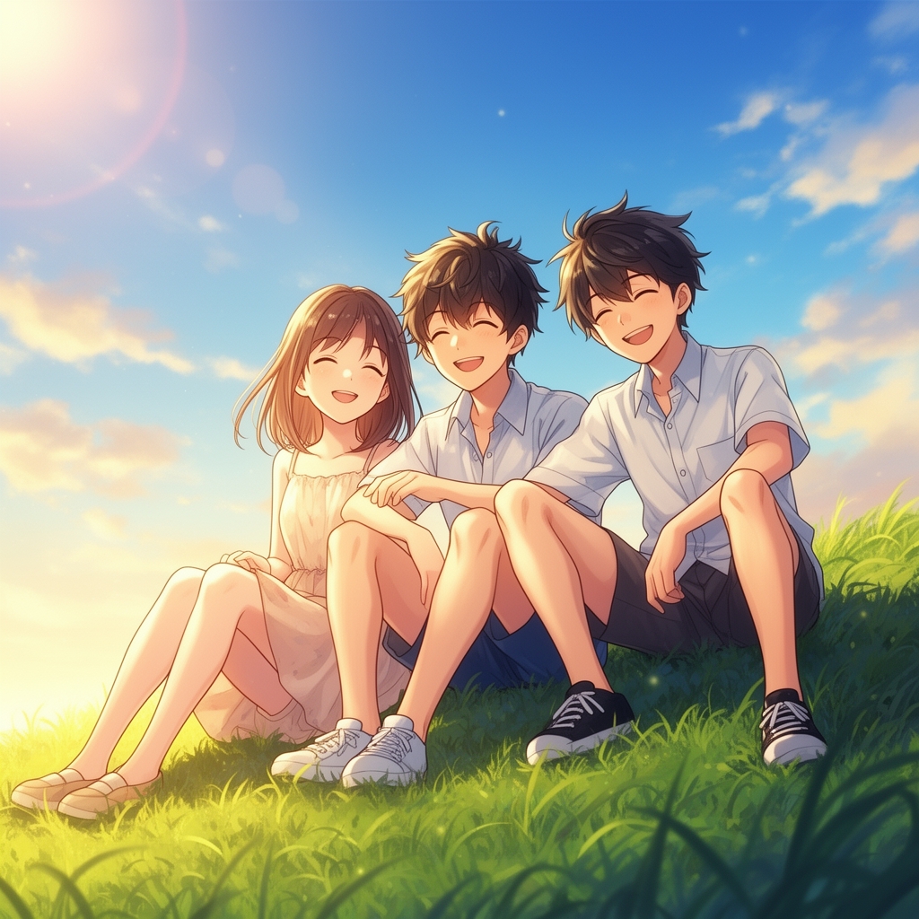 یک دختر و دو پسر که در قروب خورشید کنار هم نشسته اند سن آنها ۱۴ باشد🫶🏻🫴🏻🐾🥹🫰🏻🩵1