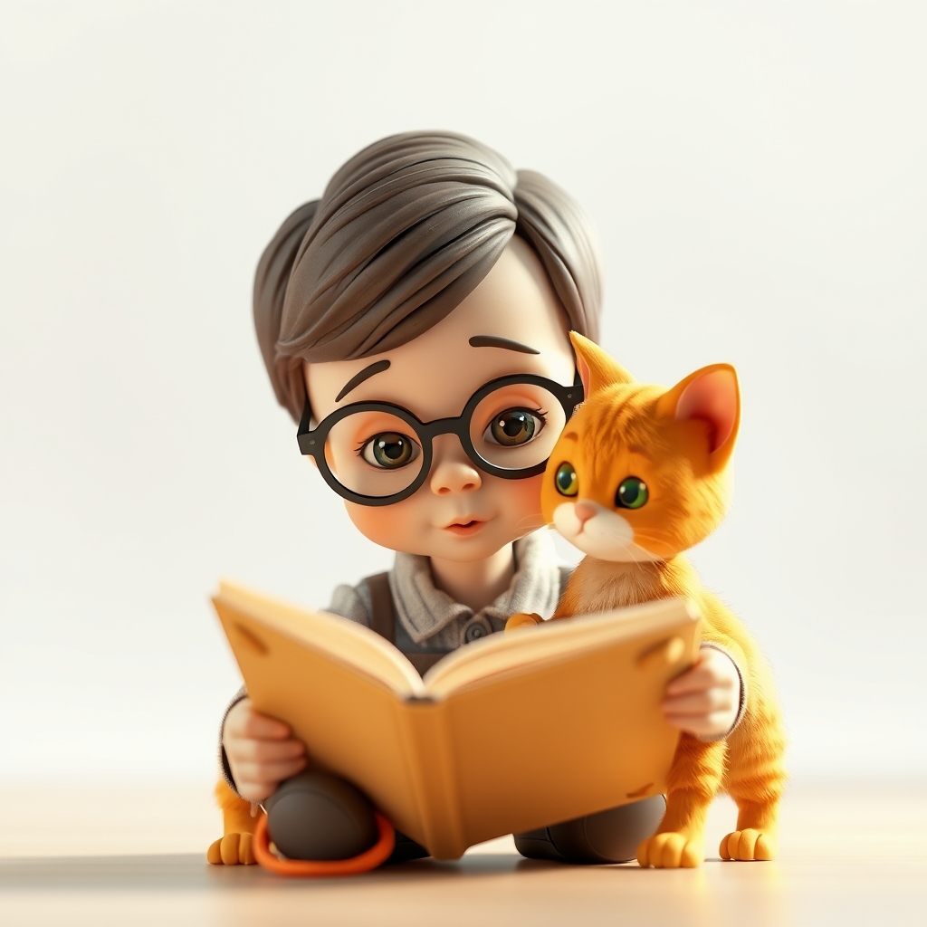 یک بچه باهوش عینکی که در حال خواندن کتاب است و صورتی زیبا دارد در حالی که یک گربه زرد کنارش ایستاده است3
