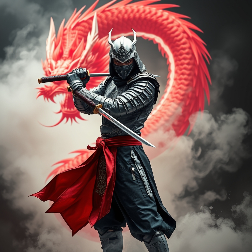 نینجا با زره نقره ای با شمشیر و اژدهای قرمز11