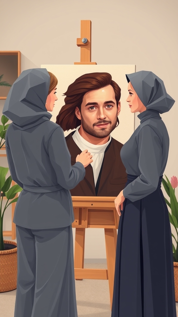 یک شازاده خانم که داره عکس شوهرشو رو بوم نقاشی میکشه و همسرش با عشق اونو نگاه میکنه 
0