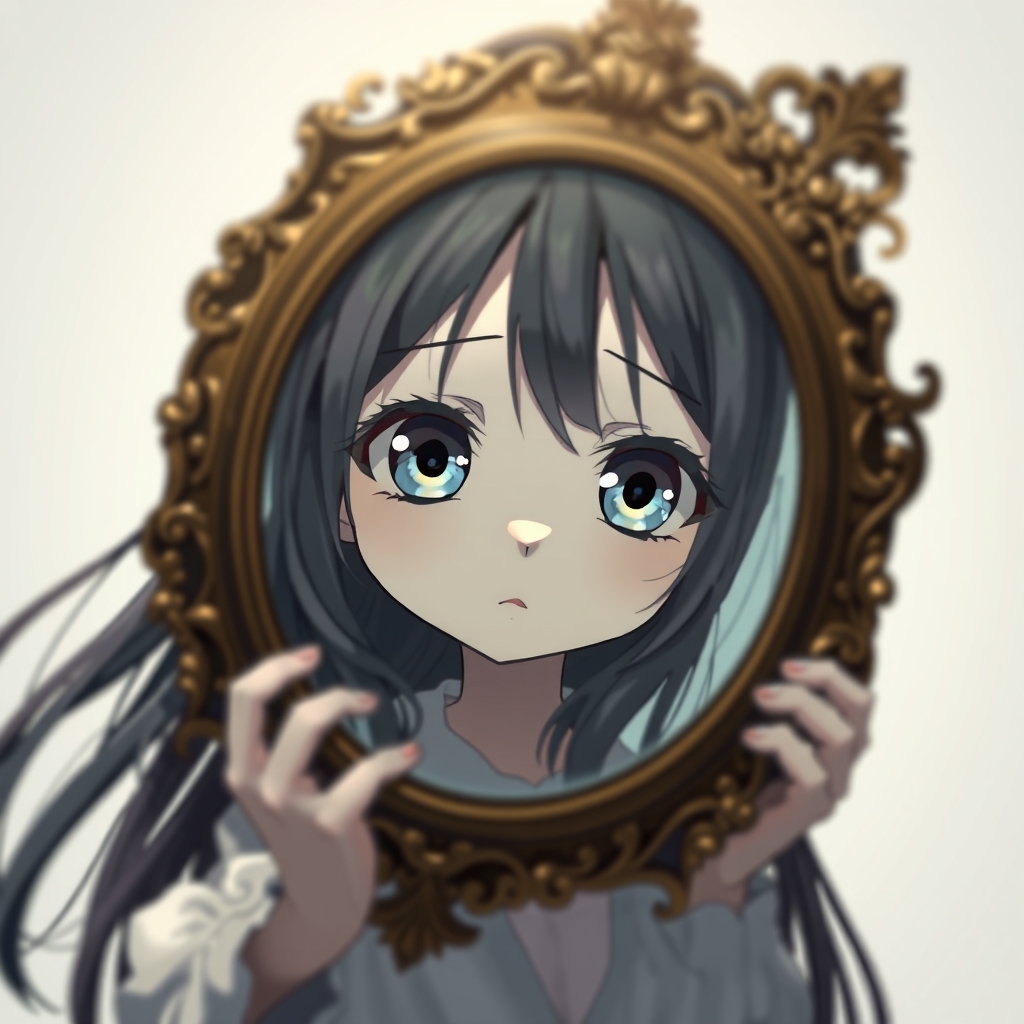 تصویر دختربچه انیمه ای تقریبا ناراخت با موهای بلند و مشکی چشمانی آبی و براق و درشت که آینه ای قدیمی در دست دارد و به سمت رو به رو است فضای پشت صحنه سفیدی 2