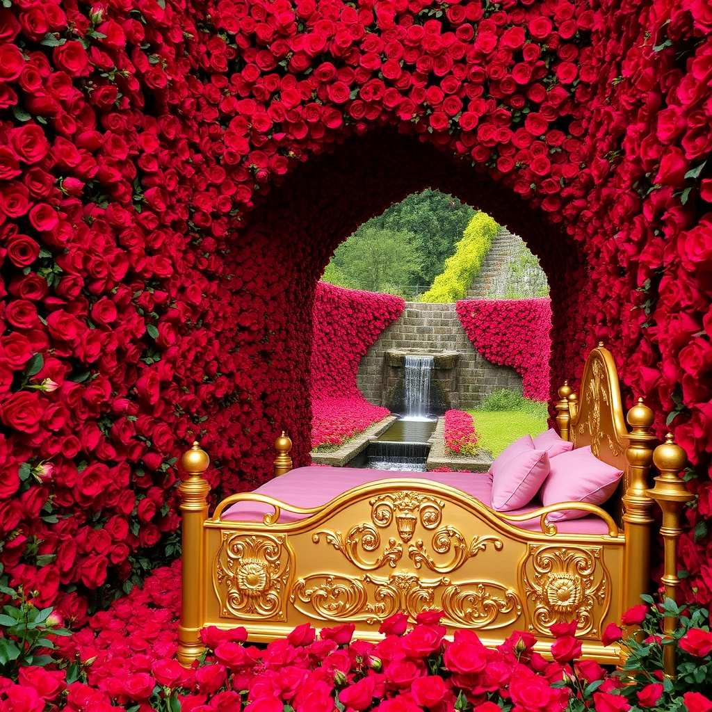 در باغی پر گل سرخ 
در و دیوار بلند آن پوشیده از گل سرخ 
زمین پر گل 
وسط باغ 
تونل مسقف از گل سرخ 
گوشه کنار رود آبشار جاری ست 
یک تخت خواب قرون وسطایی طلایی با کوسن صورتی21