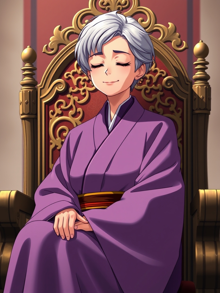 خانمی با موهای سفید تیره و کمی کوتاه و لباس بنفش قدیمی ژاپنی بر روی تخت سلطنتی خود است و با لبخند چشمانش را بسته2