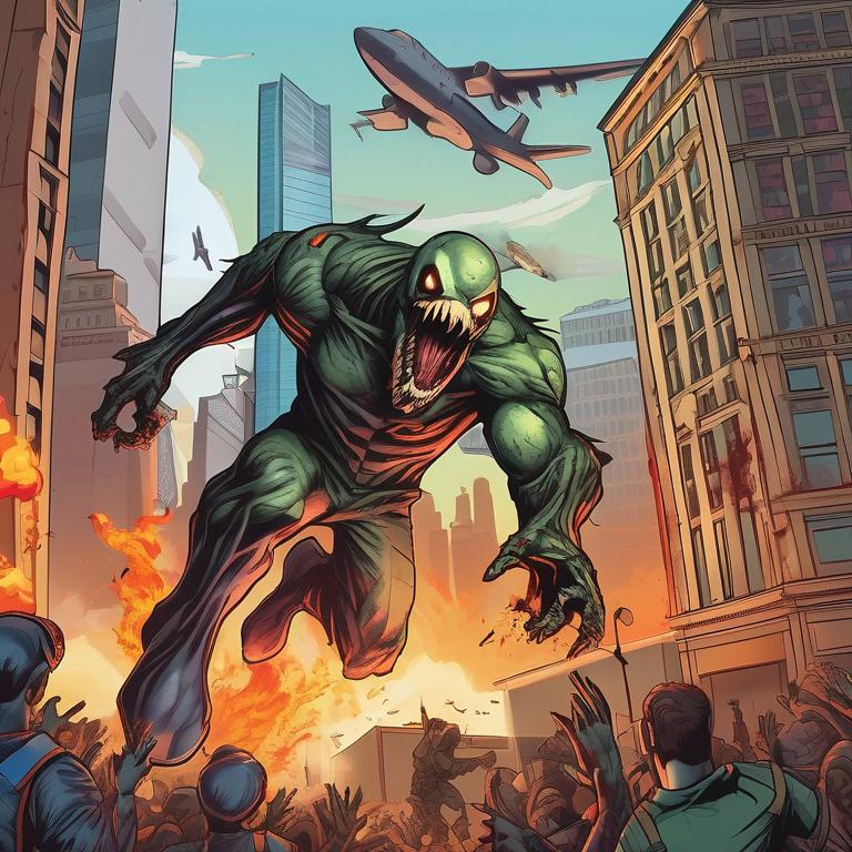 شهر آتش گرفته همه زامبی شده اند و تعداد اندکی از مردم داند با زامبی ها میجنگند و ونوم هم به آنها دارد کمک می‌کند. 2 یا 3 هواپیمای جنگی در آسمان و یک از آن ها نز دیک بج آزادی دارد می رود زامبی ها از برج بالا می روند و دارند می پرند به سمت هواپیما و سقوط می کنند 0