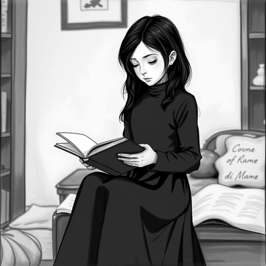 دختری با لباس سیاه و موی مشکی که دارد کتاب می‌خواند در اتاقش و با افکت سیاه وسفید10