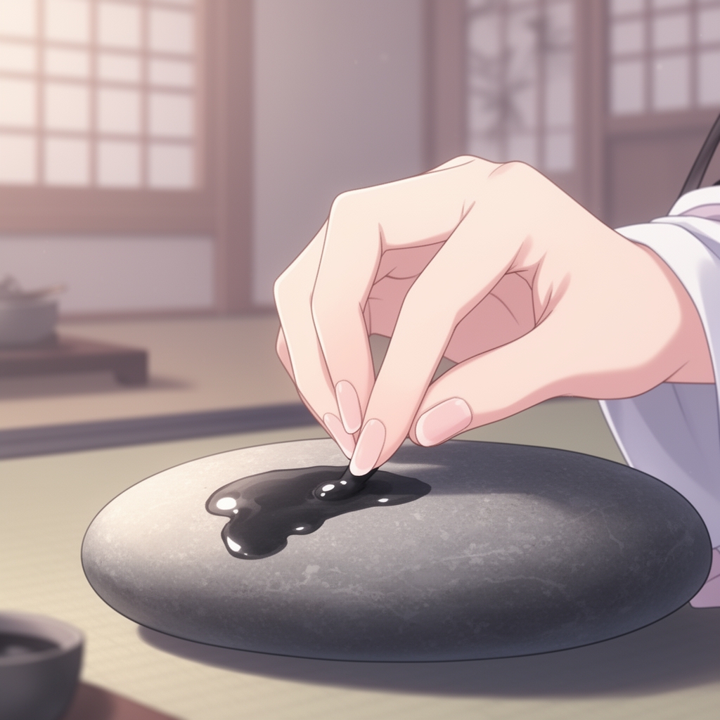 دست دختری دیده میشود که جوهر را روی سنگ می ساید0