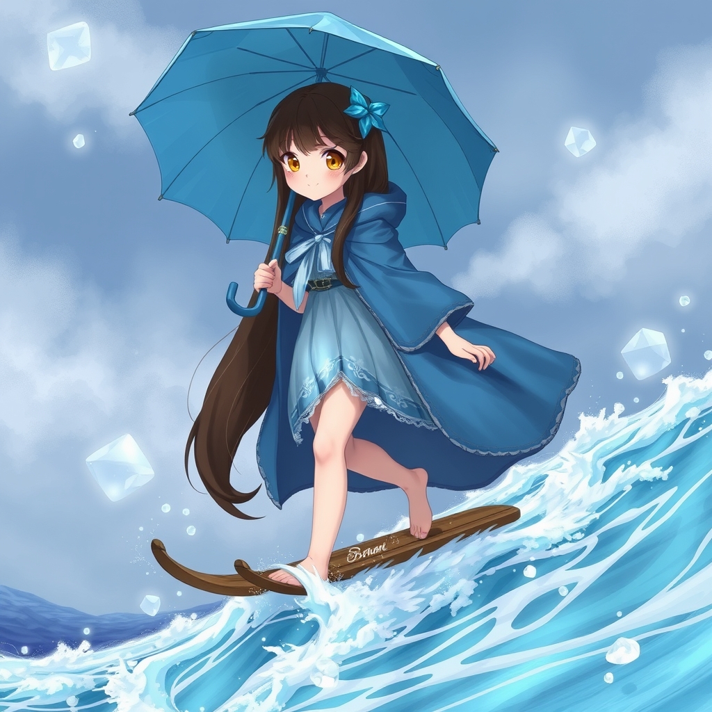 دختر باران با چتری از یخ در حال راه رفتن برروی امواج دریا و سر خوردن. با شنلی آبی و لباس زیبایی از بلور و موهای بلند سرمه ای که با گیره آبی آسمانی بسته شده. 16