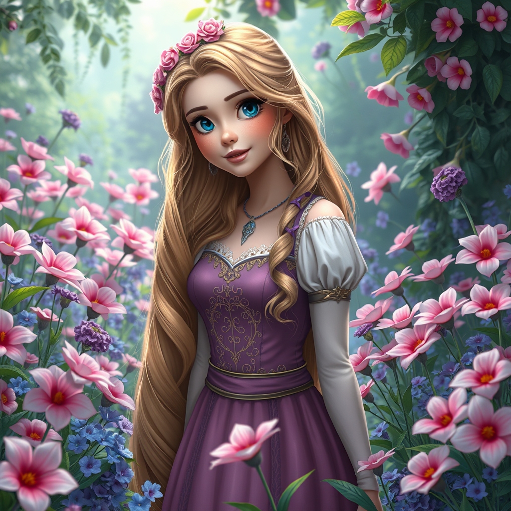 راپونزل در با غی  بسیار زیبا و پر از گل های صورتی آبی و..👱🏻‍♀️🩵💖💜🌸🎀🍀👑😊😇5